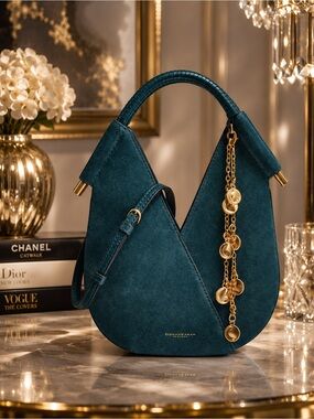 Donna Karan Teal Suede Sculpted Hobo with Gold Charm Chain